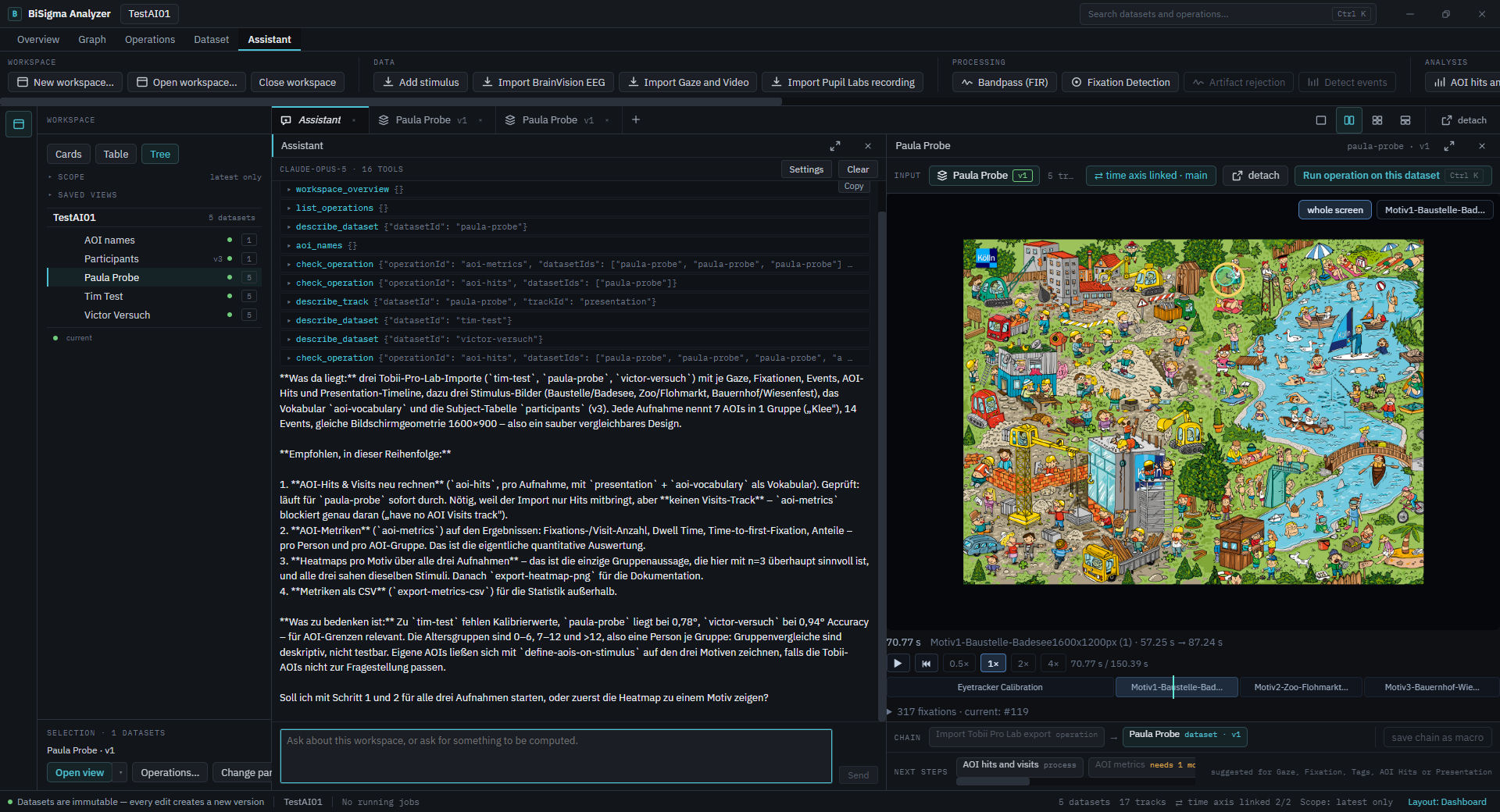 AI assistant in BiSigma Analyzer with an analysis proposal and linked eye-tracking view